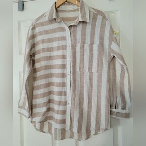 Altar'd State Women Mixed Stripe Pattern Buttondown Chest Pocket 3/4 Sleeve Top